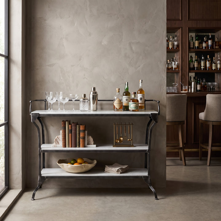 3-TIER INDUSTRIAL IRON & MARBLE BAR CONSOLE