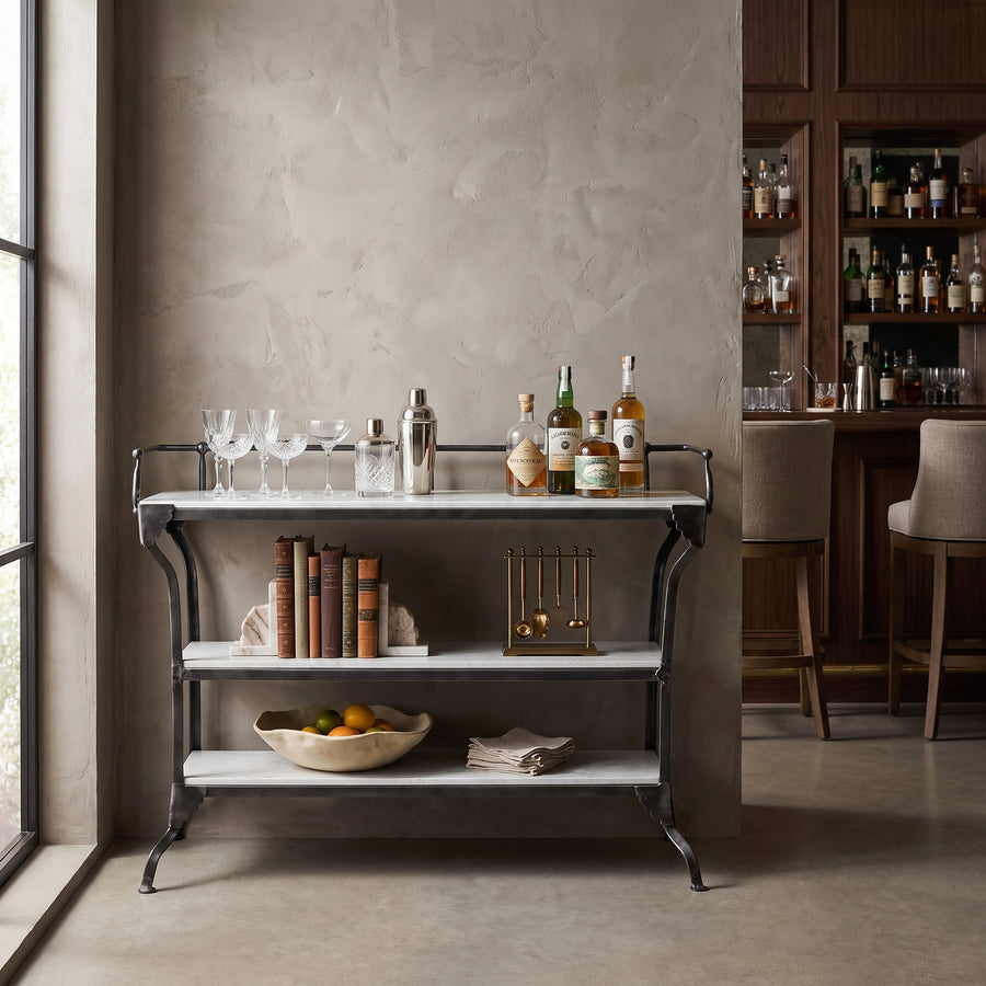3-TIER INDUSTRIAL IRON & MARBLE BAR CONSOLE