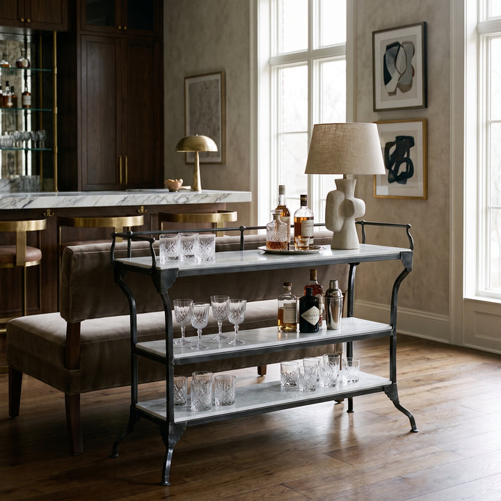 3-TIER INDUSTRIAL IRON & MARBLE BAR CONSOLE