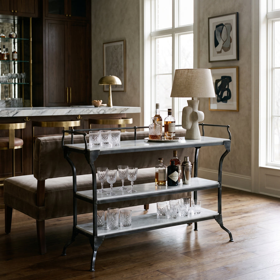 3-TIER INDUSTRIAL IRON & MARBLE BAR CONSOLE