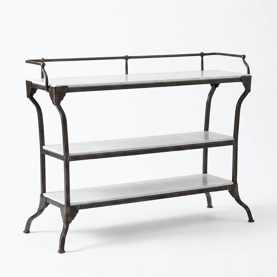 3-TIER INDUSTRIAL IRON & MARBLE BAR CONSOLE