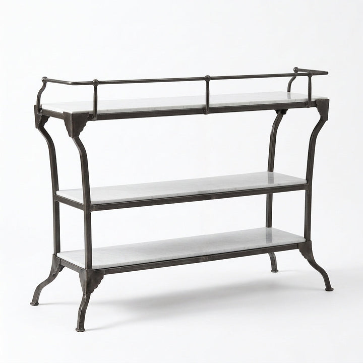 3-TIER INDUSTRIAL IRON & MARBLE BAR CONSOLE