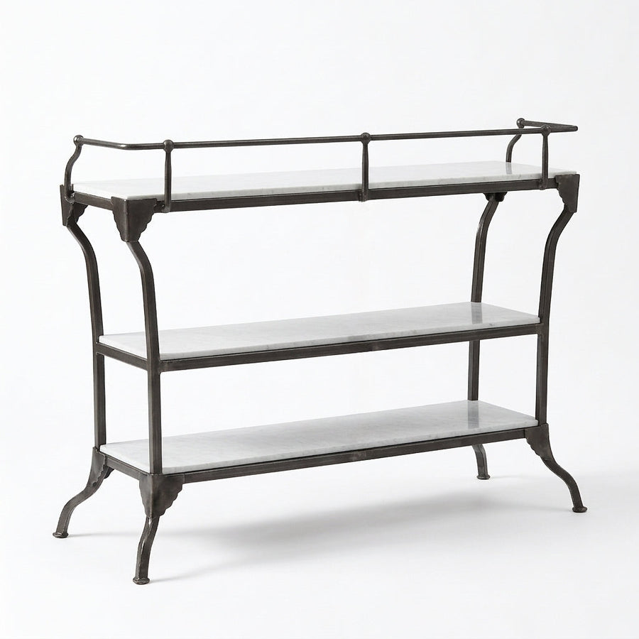 3-TIER INDUSTRIAL IRON & MARBLE BAR CONSOLE