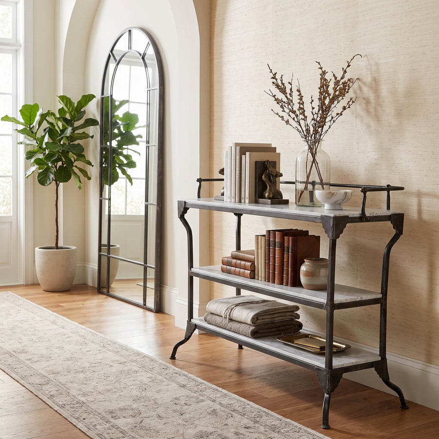 3-TIER INDUSTRIAL IRON & MARBLE BAR CONSOLE