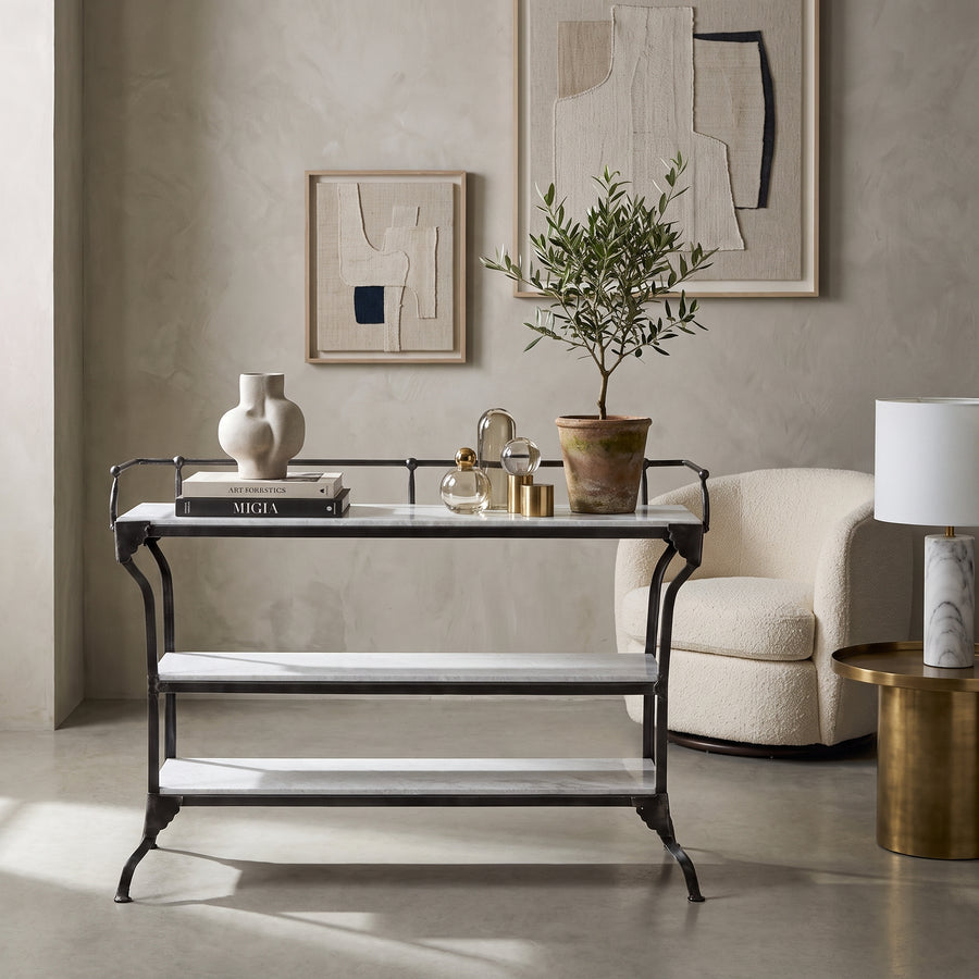 3-TIER INDUSTRIAL IRON & MARBLE BAR CONSOLE