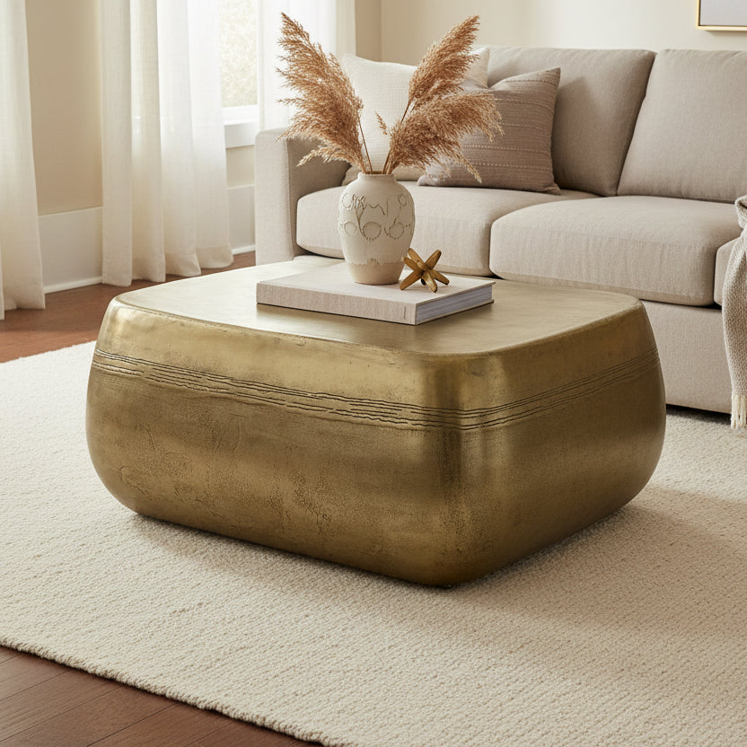 brass metallic ottoman, rounded square shape