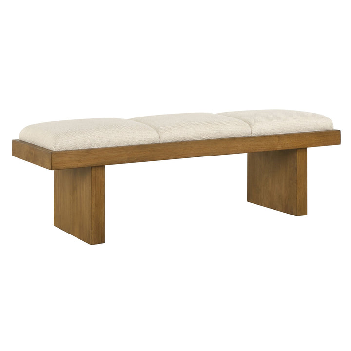 Wooden bench with white cushion