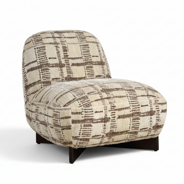 A plush upholstered accent chair with a beige and brown plaid pattern