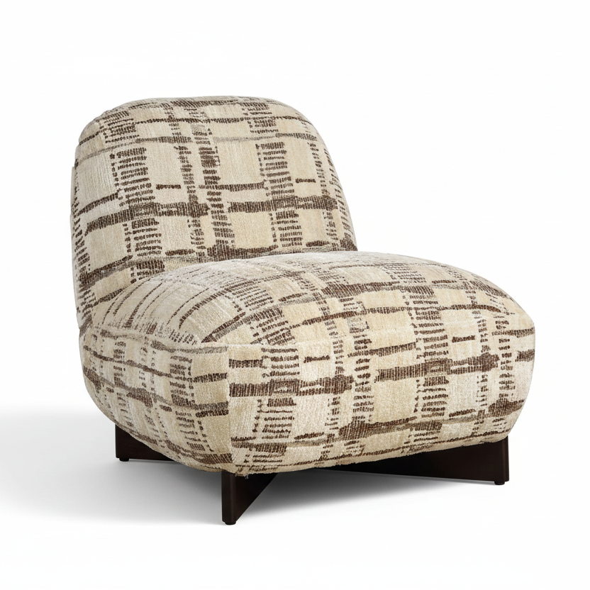 A plush upholstered accent chair with a beige and brown plaid pattern