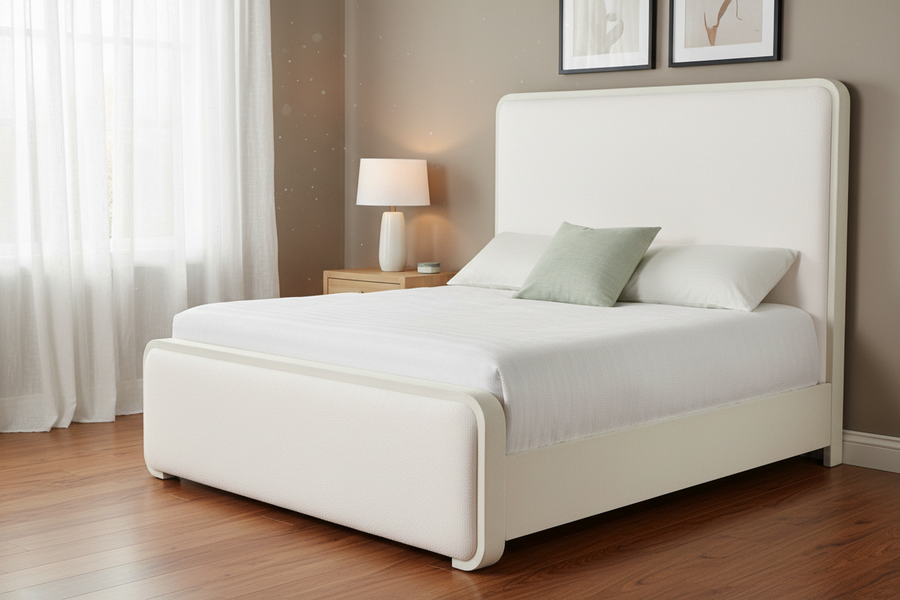 Neatly made bed with white bedding