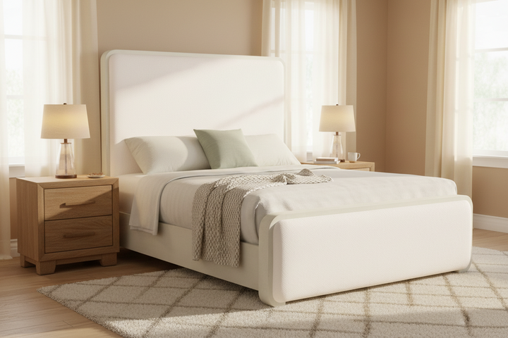Neatly made bed with white bedding in a bedroom setting.