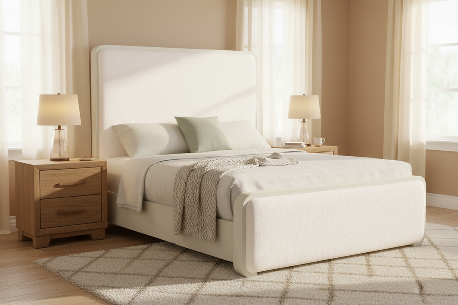 Neatly made bed with white bedding in a bedroom setting.