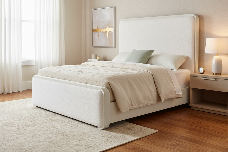 Neatly made bed with white bedding