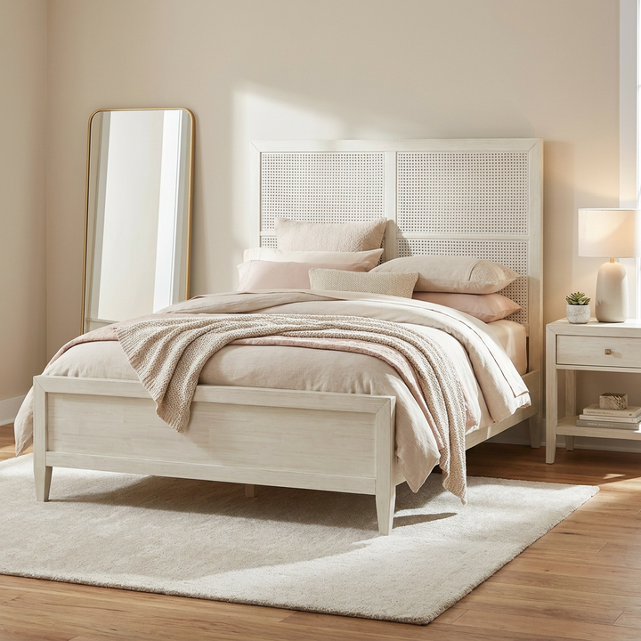 ABBY WHITEWASH WOOD & CANE PANEL BED