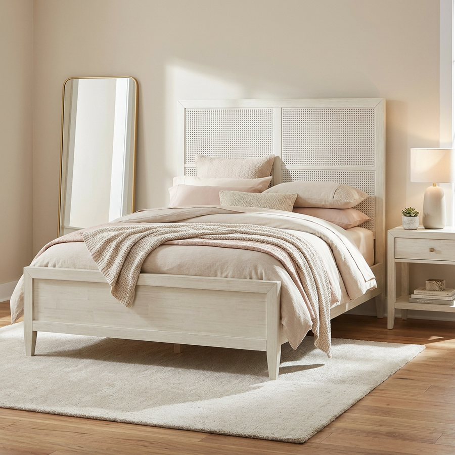 ABBY WHITEWASH WOOD & CANE PANEL BED
