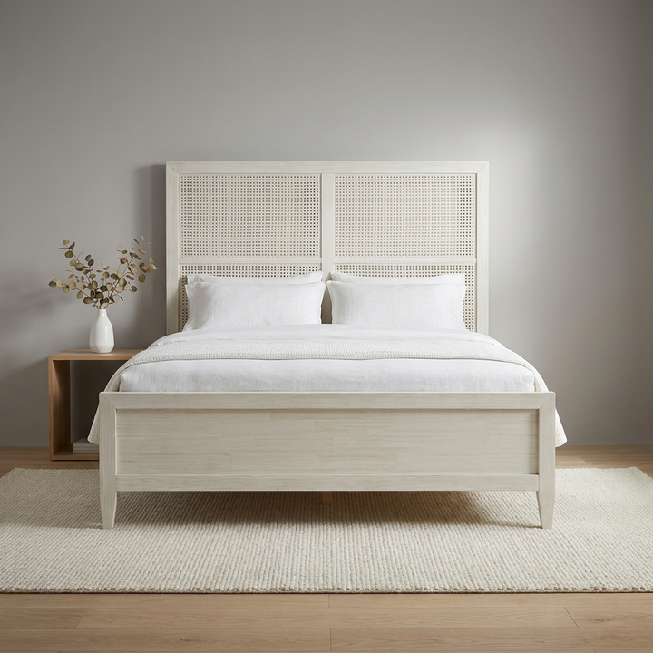 ABBY WHITEWASH WOOD & CANE PANEL BED