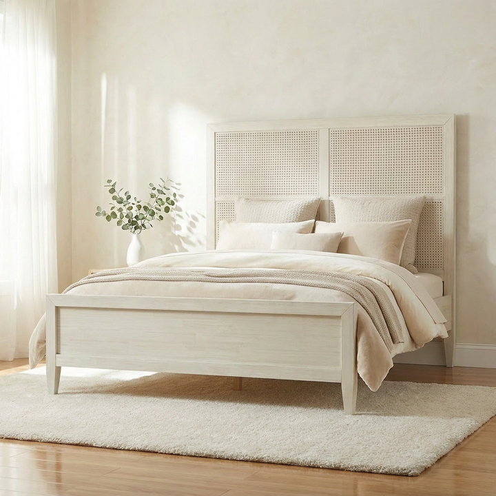 ABBY WHITEWASH WOOD & CANE PANEL BED