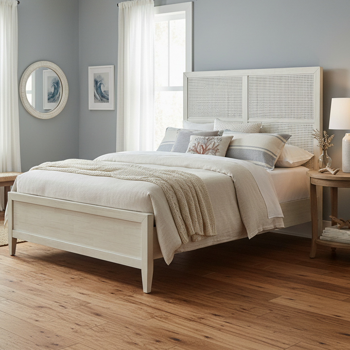 ABBY WHITEWASH WOOD & CANE PANEL BED