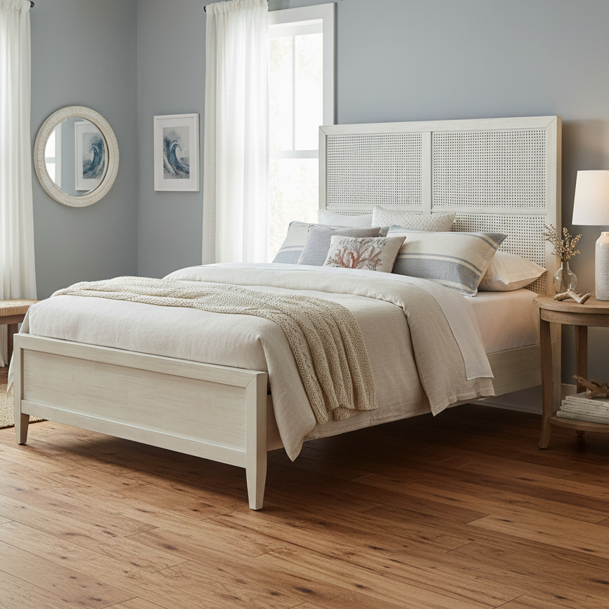 ABBY WHITEWASH WOOD & CANE PANEL BED