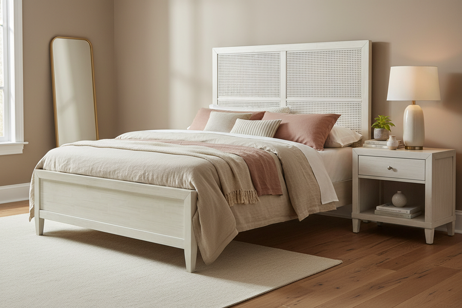 ABBY WHITEWASH WOOD & CANE PANEL BED