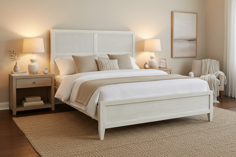 ABBY WHITEWASH WOOD & CANE PANEL BED