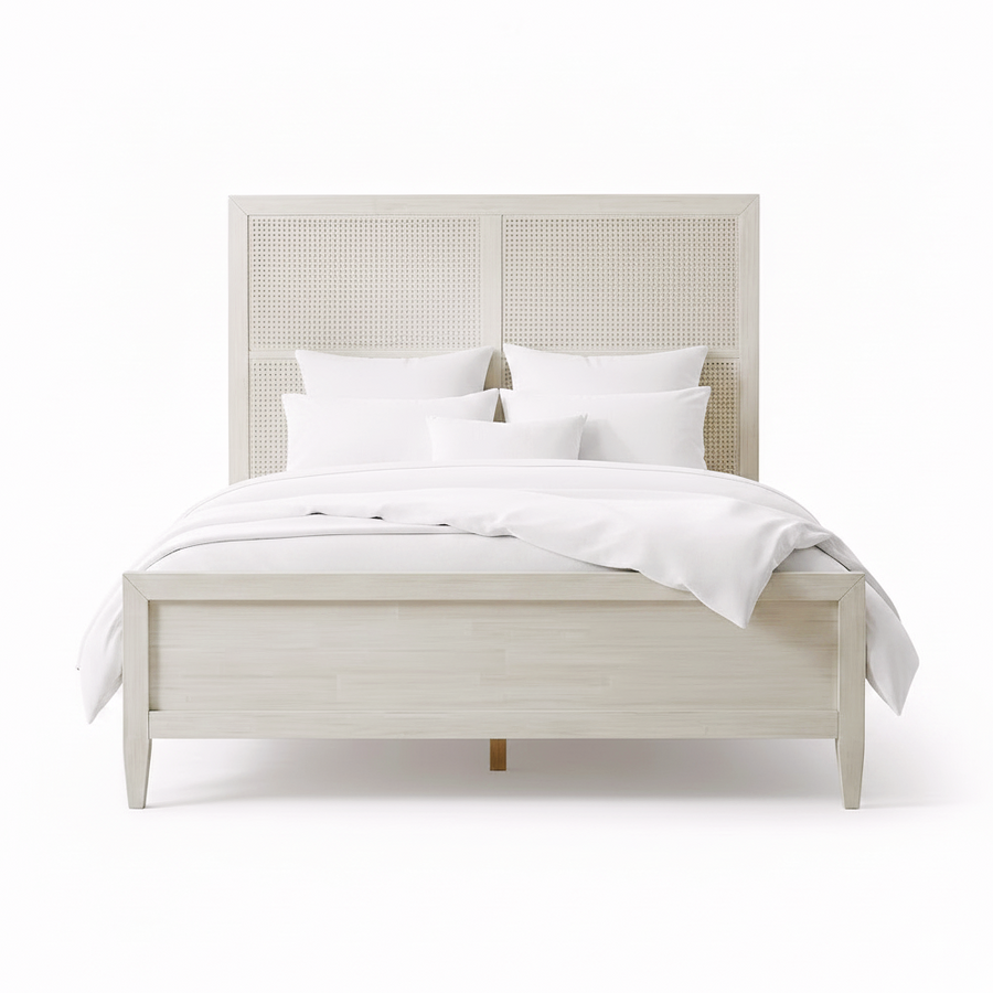 ABBY WHITEWASH WOOD & CANE PANEL BED