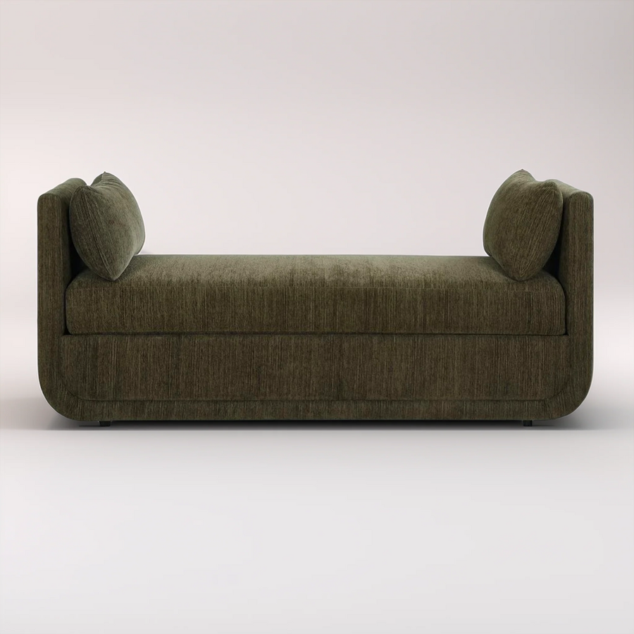 Green sofa with two cushions on a white background