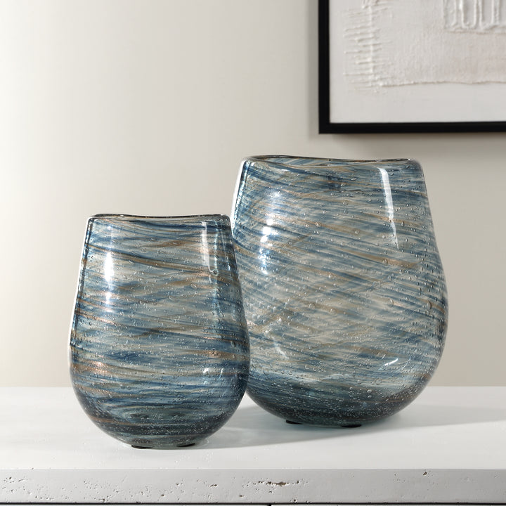 AURORA BLUE SWIRL GLASS VASES | SET OF 2