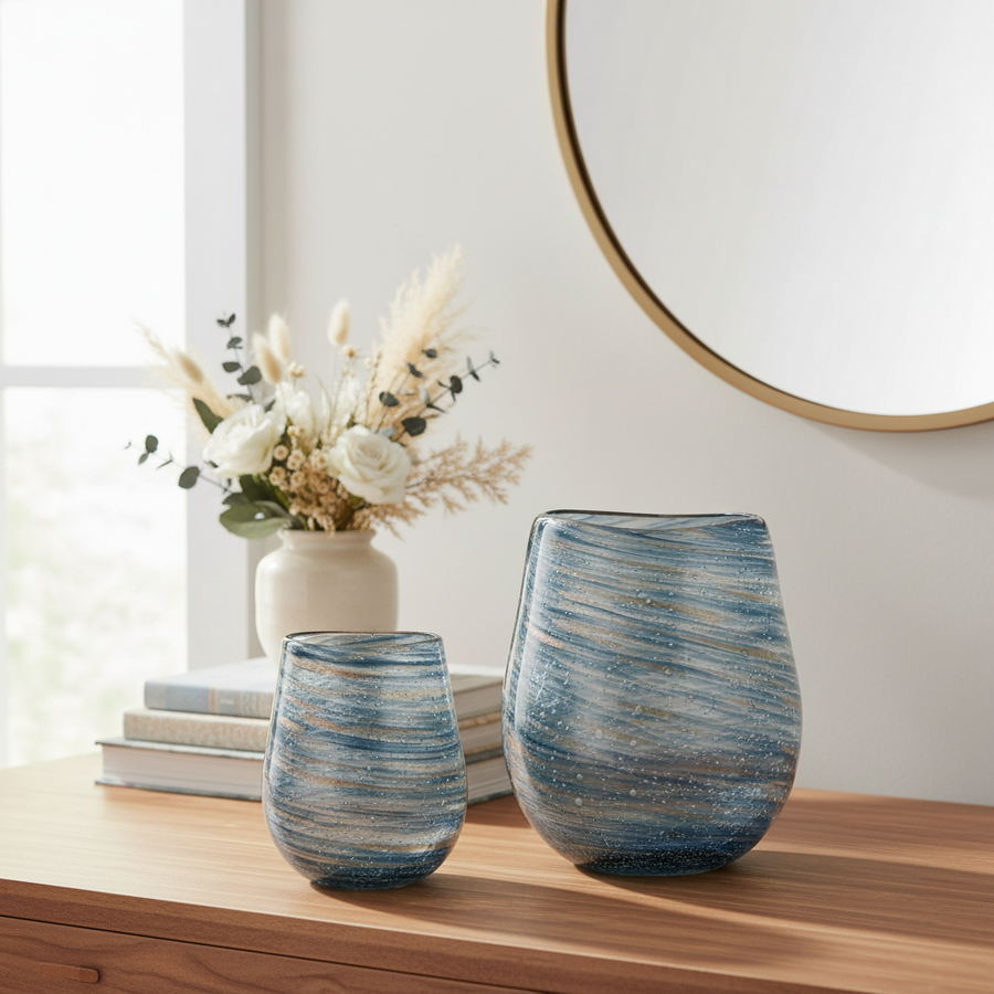 AURORA BLUE SWIRL GLASS VASES | SET OF 2