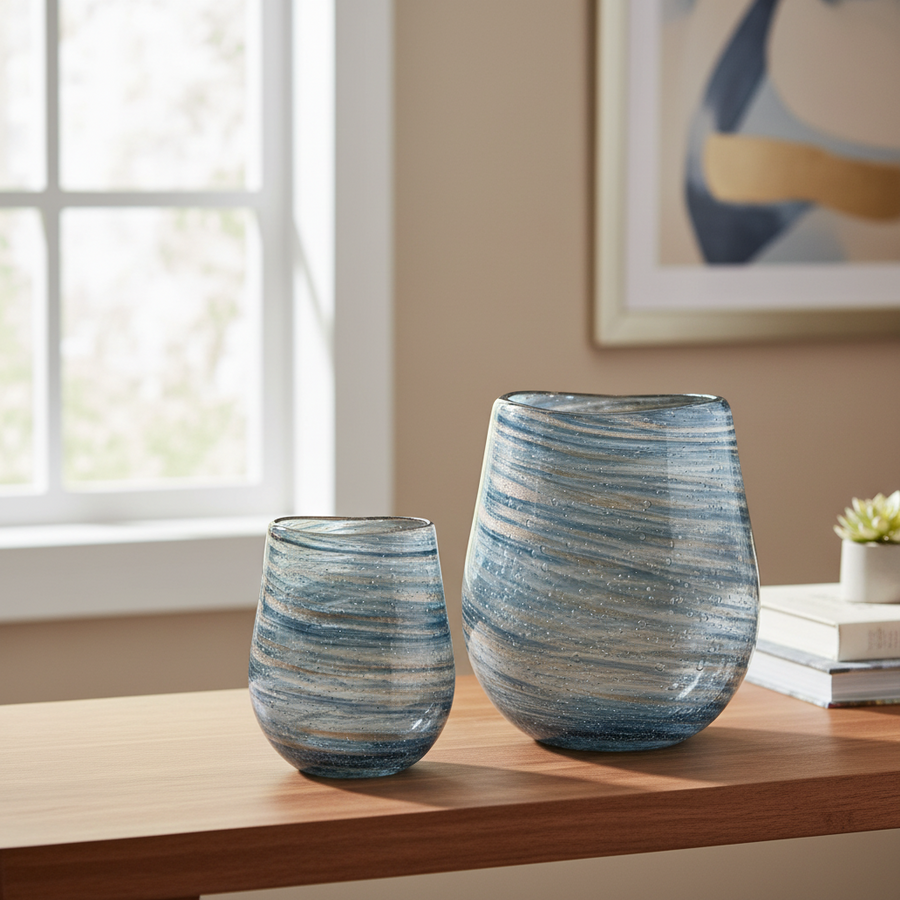 AURORA BLUE SWIRL GLASS VASES | SET OF 2