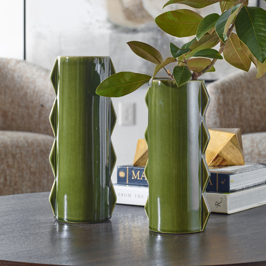 MEANDER GREEN CERAMIC VASES | SET OF 2