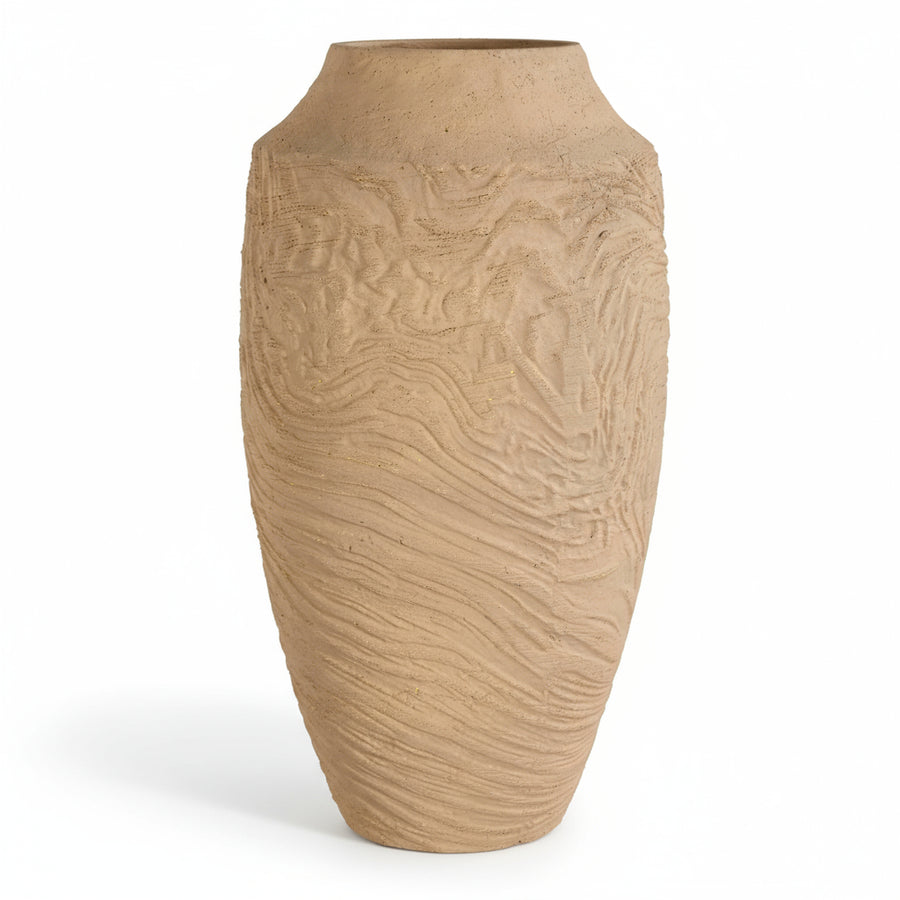 Textured beige vase on a white background