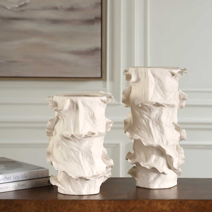 RIPPLE CREST WHITE VASES | SET OF 2