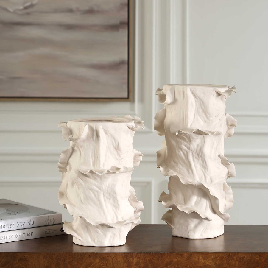 RIPPLE CREST WHITE VASES | SET OF 2