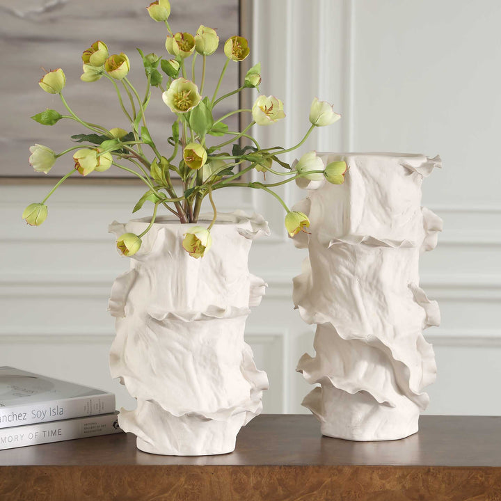 RIPPLE CREST WHITE VASES | SET OF 2