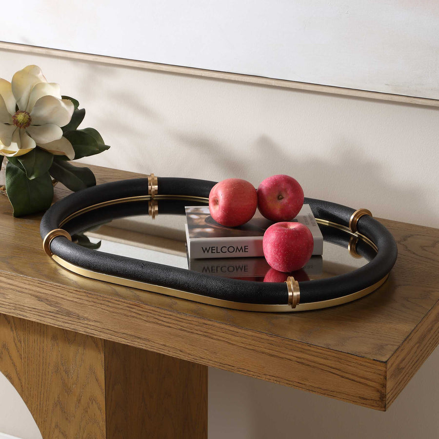 CYPRUS BLACK SHAGREEN OVAL MIRRORED TRAY