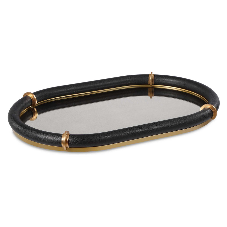 Black oval mirrored tray with gold accents