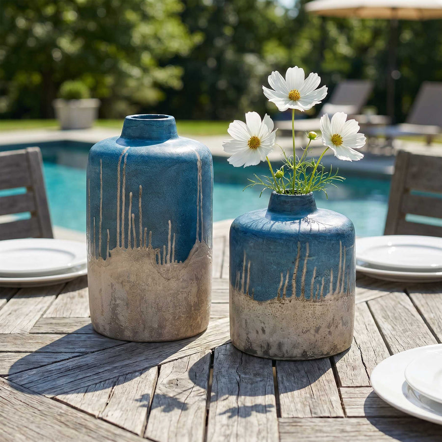 Two blue and beige ceramic vases