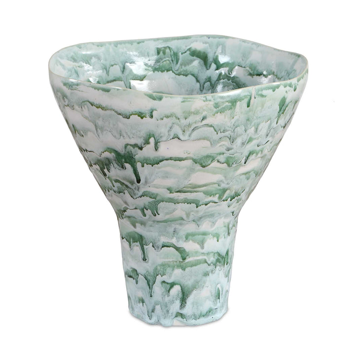 Green and white marbled vase on a white background