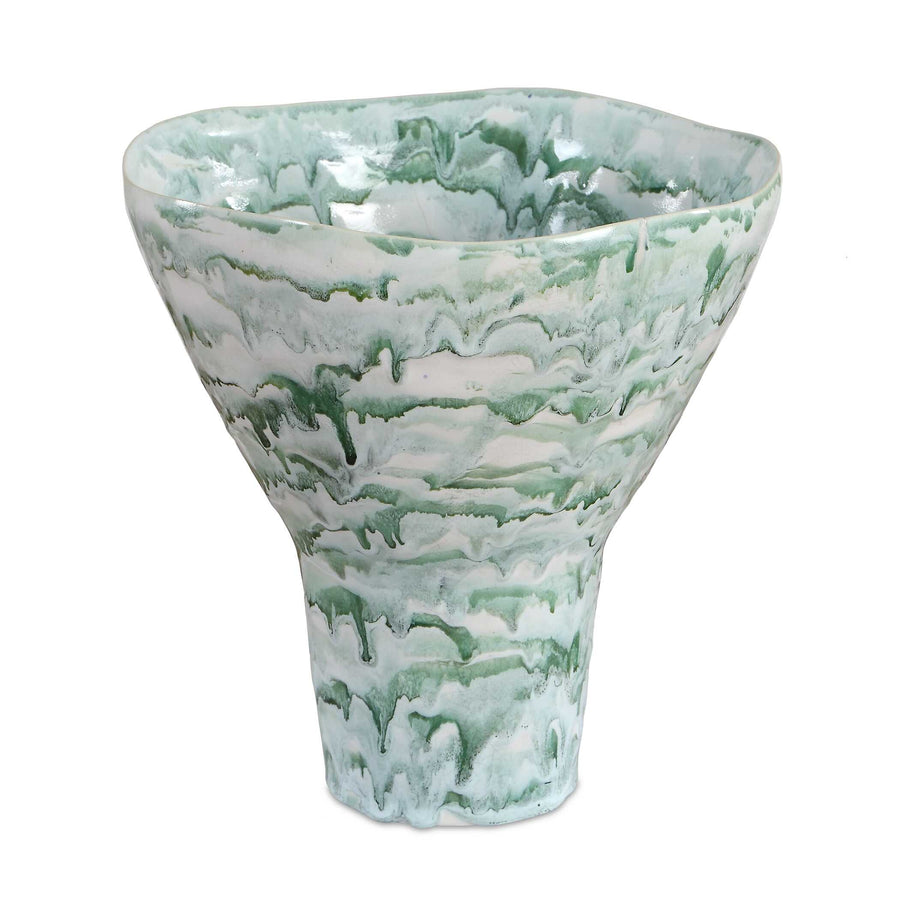 Green and white marbled vase on a white background