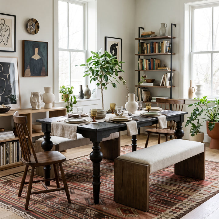 Modern farmhouse dining room with a black wooden table, upholstered benches, vintage-style rug, and open shelving.
