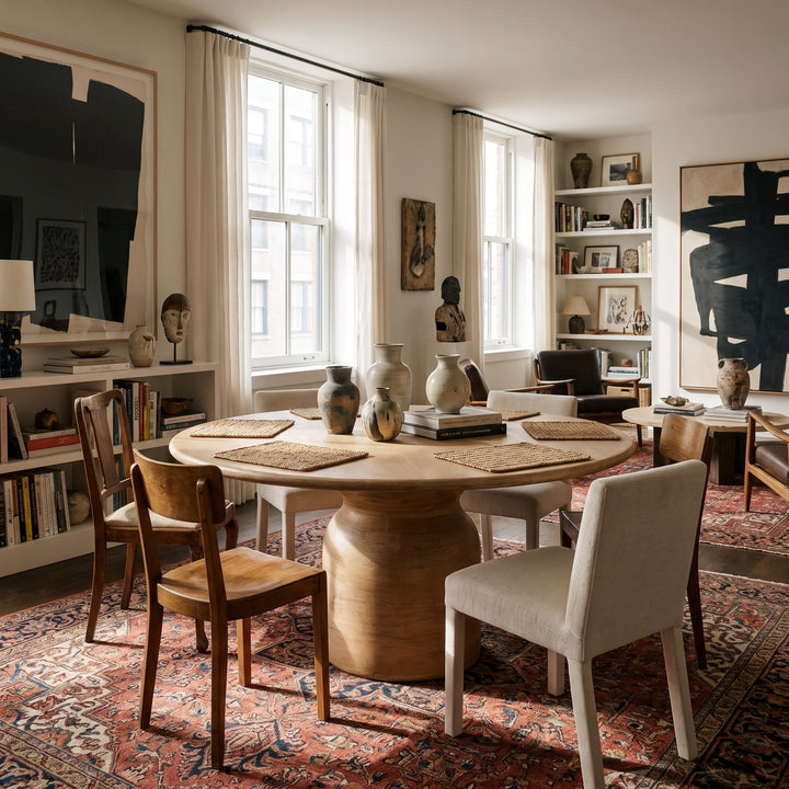 Modern dining room with a round wooden table, mixed seating, and eclectic decor on a vintage-style area rug.