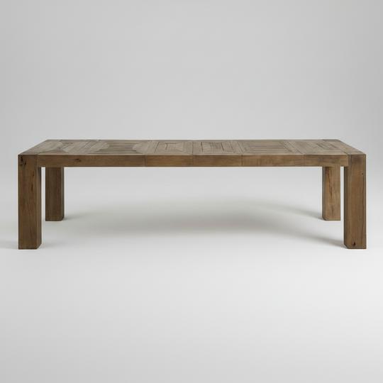 A rectangular wooden dining table with a rustic brown finish, featuring a slatted top and blocky legs, photographed against a neutral light gray background.