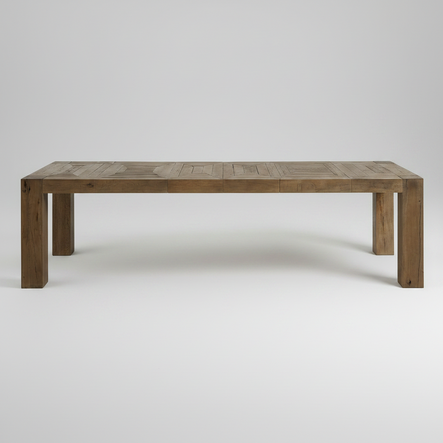 A rectangular wooden dining table with a rustic brown finish, featuring a slatted top and blocky legs, photographed against a neutral light gray background.