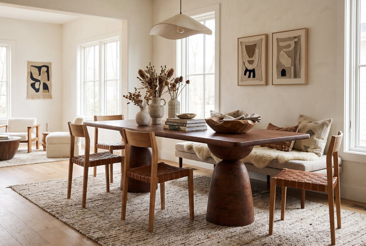 Modern organic dining room with a wooden pedestal table, woven leather chairs, and neutral decor in a bright, airy space.