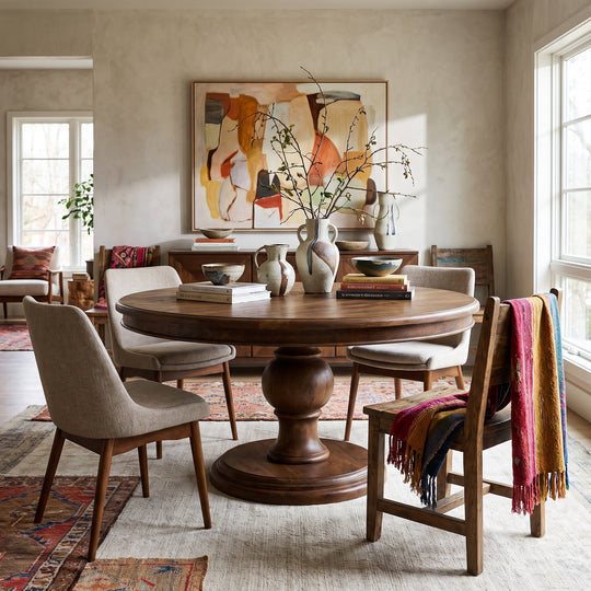 Modern rustic dining room with a round wooden pedestal table, upholstered chairs, colorful textiles, and abstract wall art.
