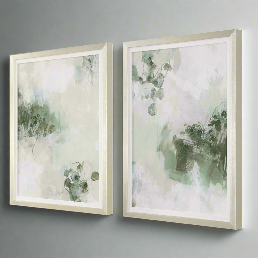 Two framed abstract artworks with green and white colors on a white background