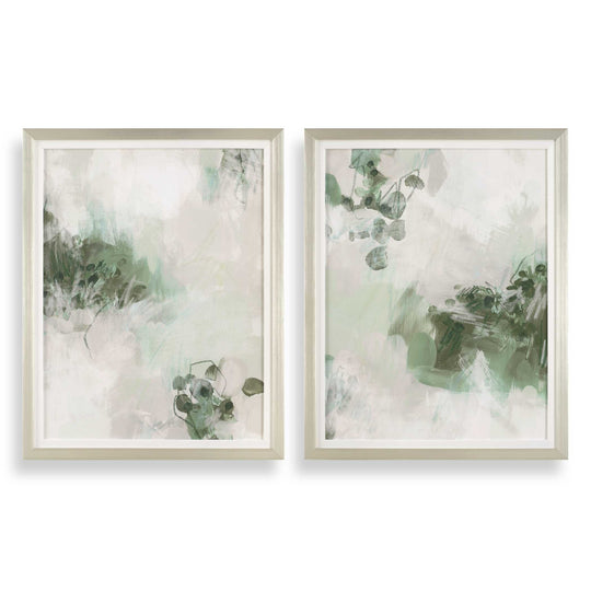 Two framed abstract artworks with green and white colors on a white background