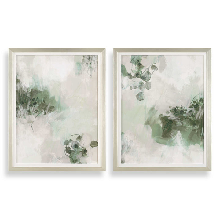 Two framed abstract artworks with green and white colors on a white background