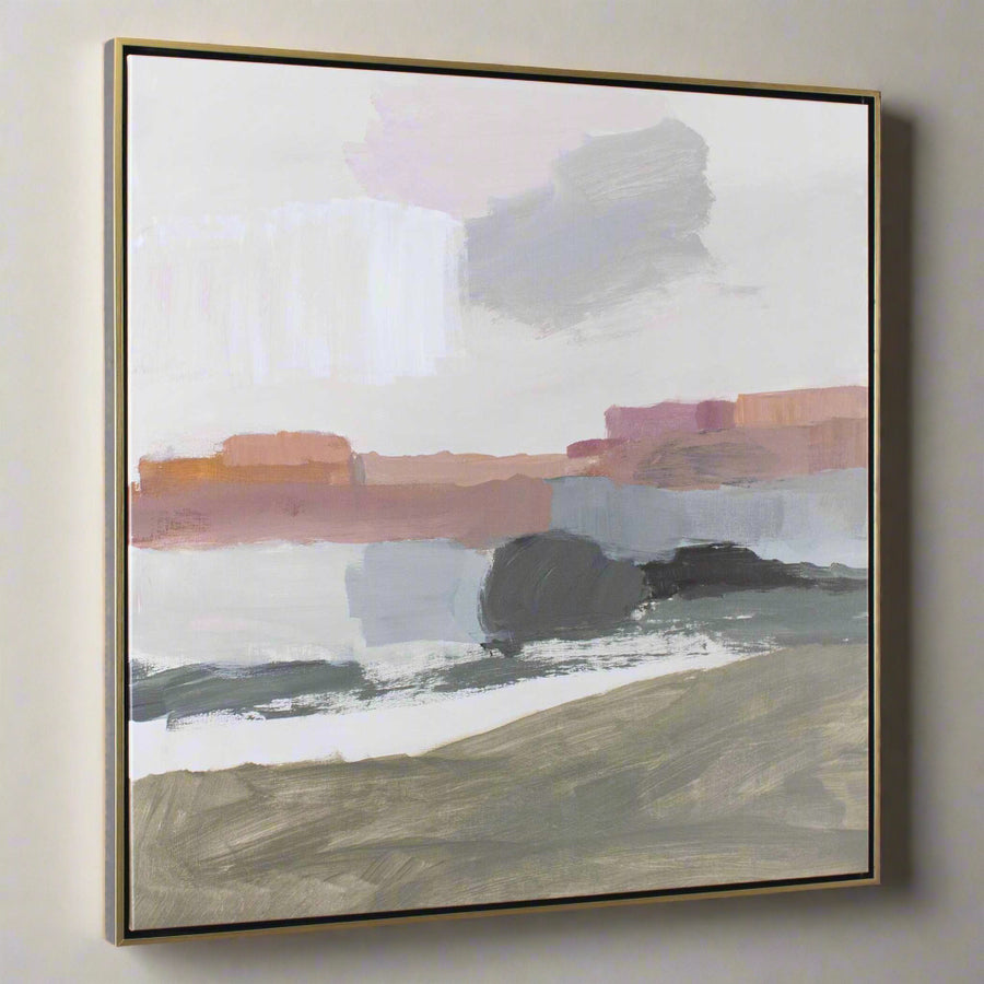 Abstract landscape painting with a gold frame on a white wall